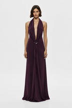 Eggplant satin halter dress with deep V front and draped center strap