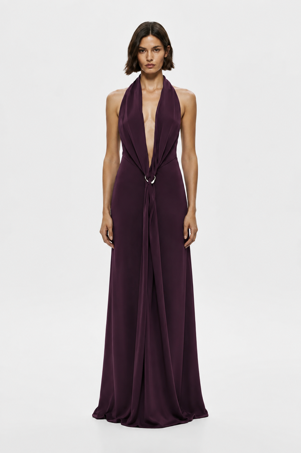 Eggplant satin halter dress with deep V front and draped center strap