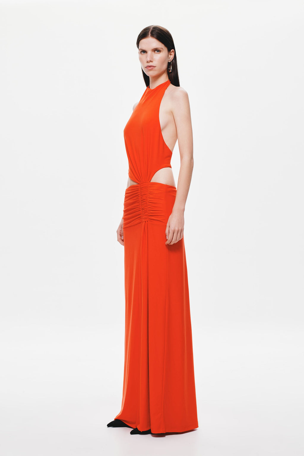 Chili red halter jersey maxi dress with ruched waist belt and sleeveless open neckline