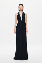 Black satin halter dress with deep V neckline and slim waist drape