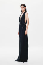 Black satin maxi dress with deep V halter neckline and leg-slit hem