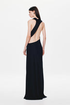 Black satin maxi dress with open back and low halter strap