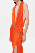 Chilli orange satin dress close-up, draped V-neck and gathered waist ties