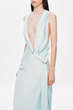 Ice blue satin Harlow dress with ruched waist and metal-accent straps at front