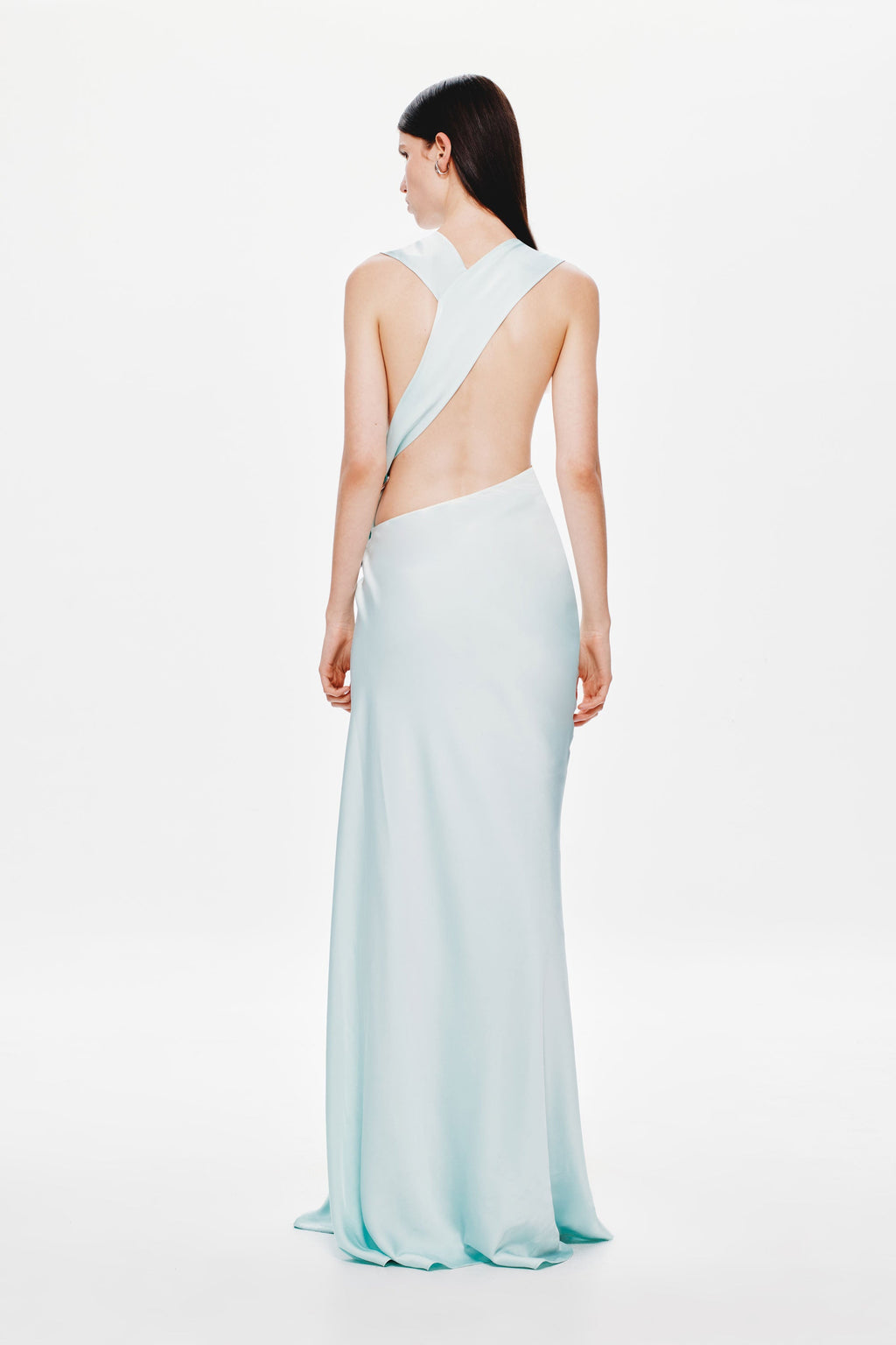 Ice blue satin Harlow dress back view with open V back and flowing skirt