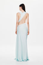Ice blue satin Harlow dress back view with open V back and flowing skirt