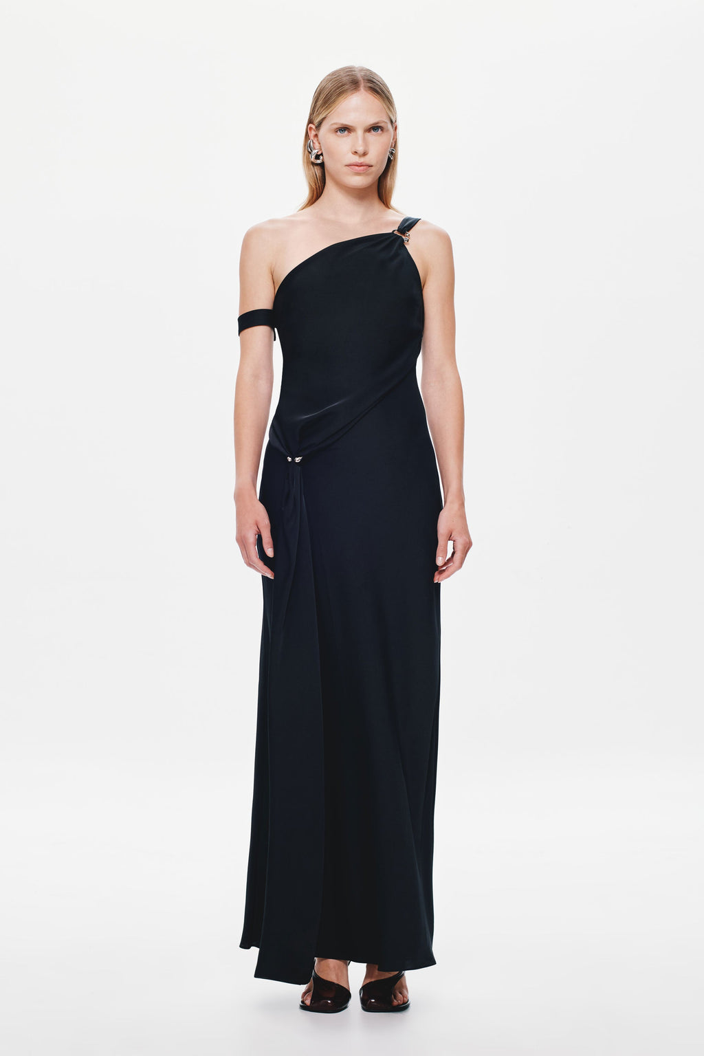 Black satin one-shoulder column maxi dress, straight hem