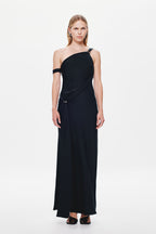 Black satin one-shoulder column maxi dress, straight hem