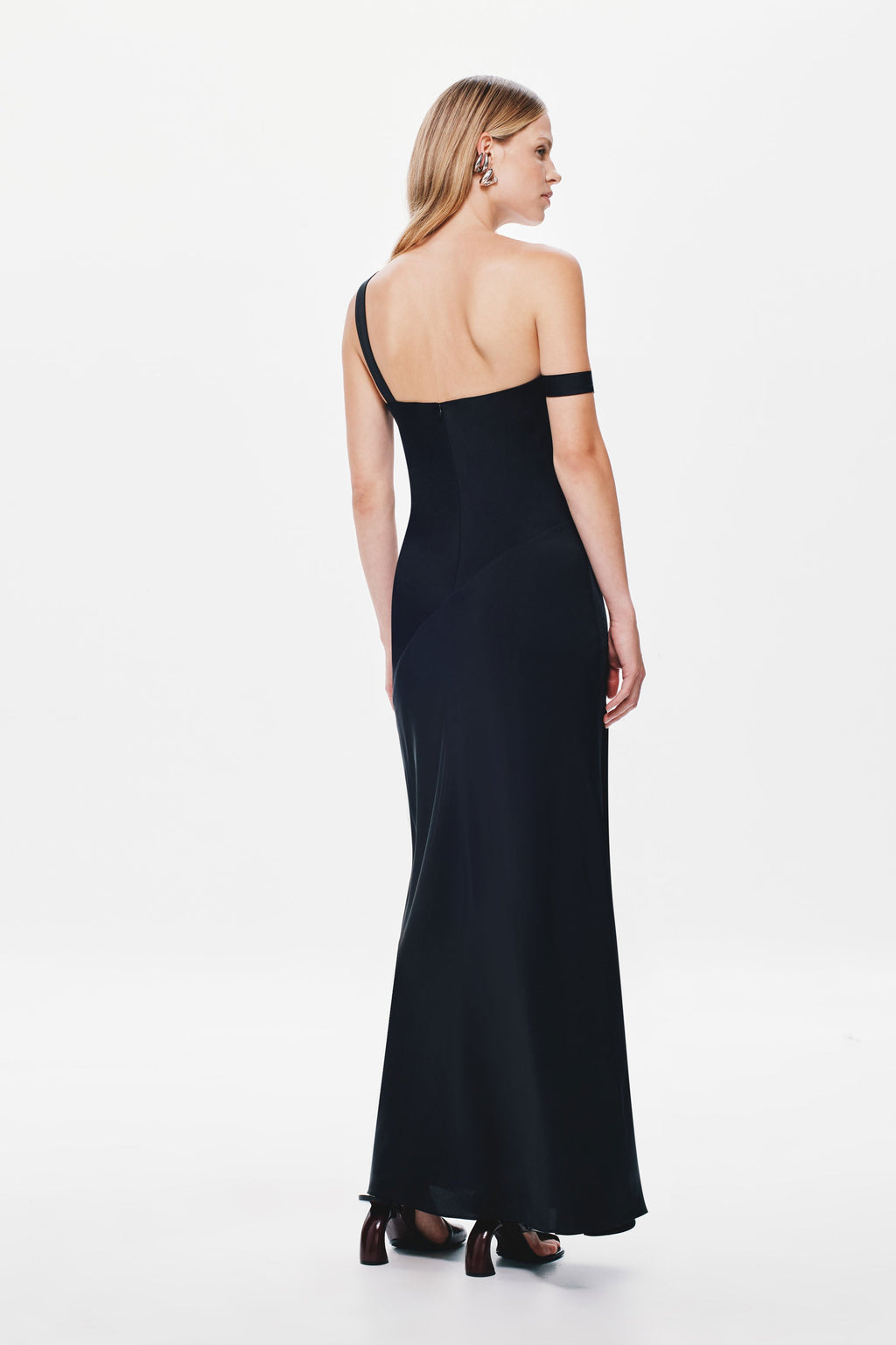 Black satin one-shoulder maxi dress, open back with thin straps