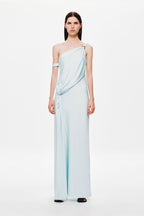 Ice blue satin one-shoulder maxi dress with draped knot at waist