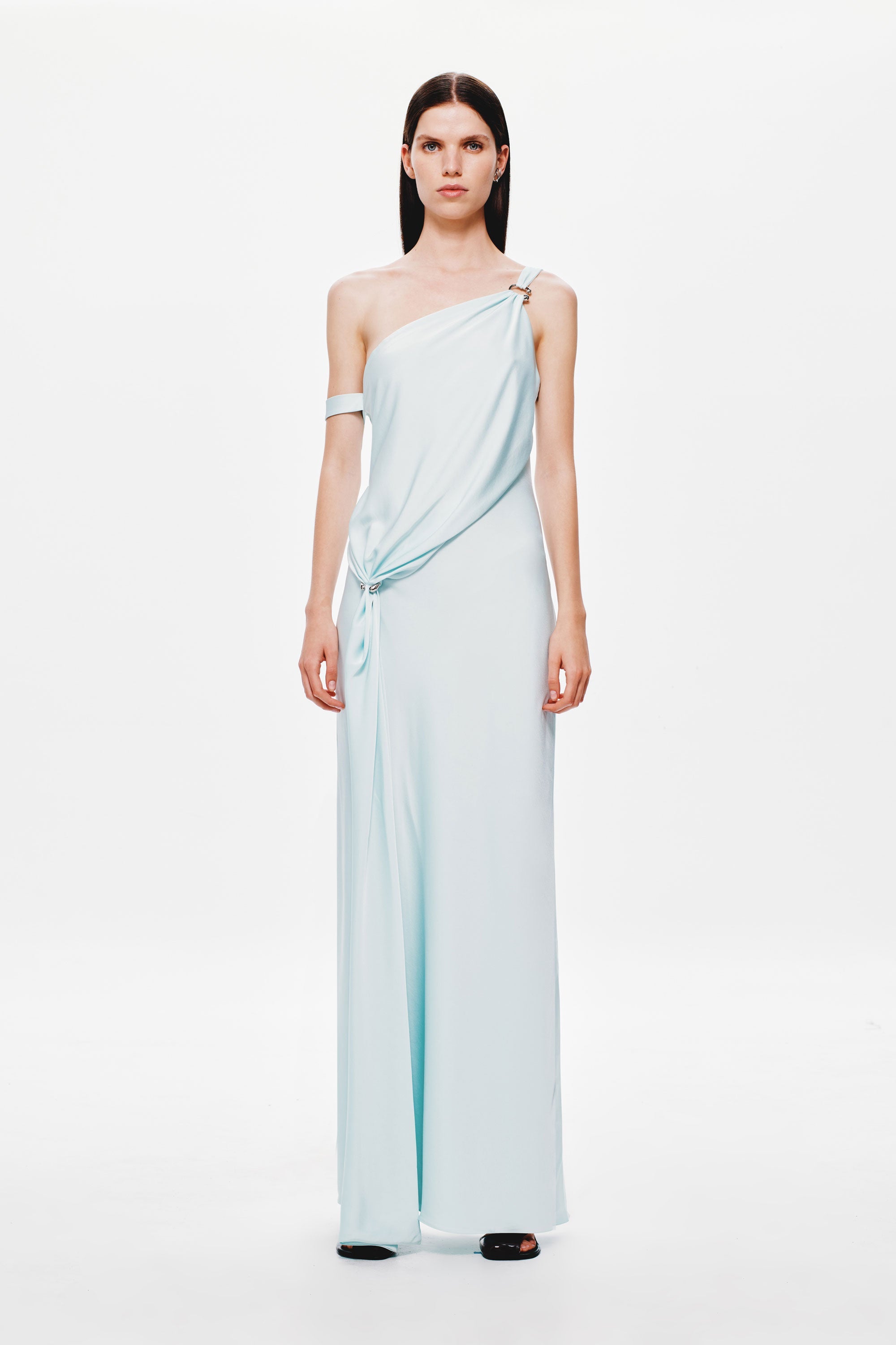 Ice blue satin one-shoulder maxi dress with draped knot at waist