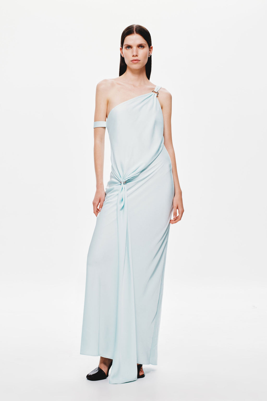 Ice blue satin one-shoulder maxi dress with ruched waist and bow tie