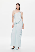 Ice blue satin one-shoulder maxi dress with ruched waist and bow tie