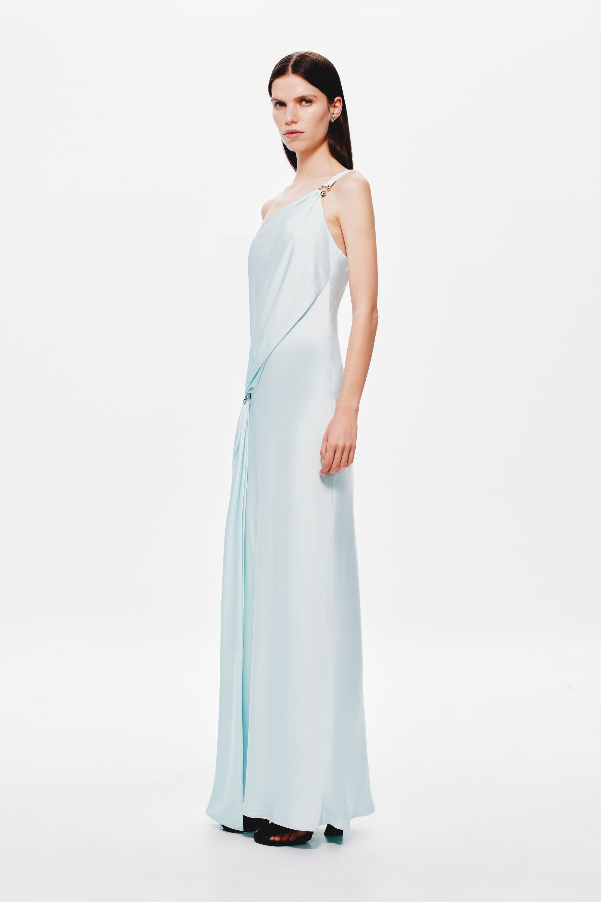 Ice blue satin one-shoulder maxi dress with side drape and waist knot