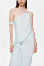 Ice blue satin one-shoulder dress with gathered waist tie and draped neckline