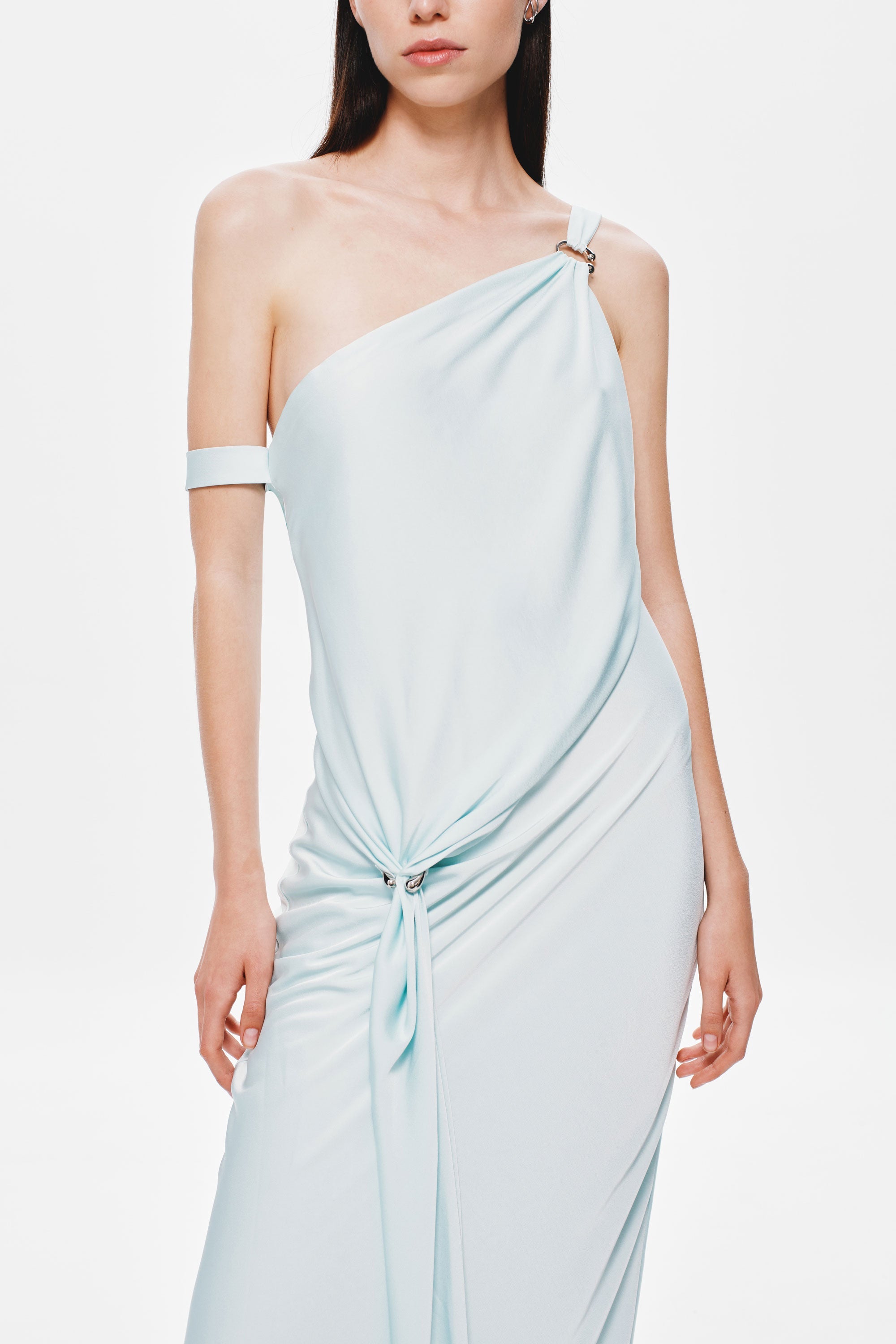 Ice blue satin one-shoulder dress with gathered waist tie and draped neckline