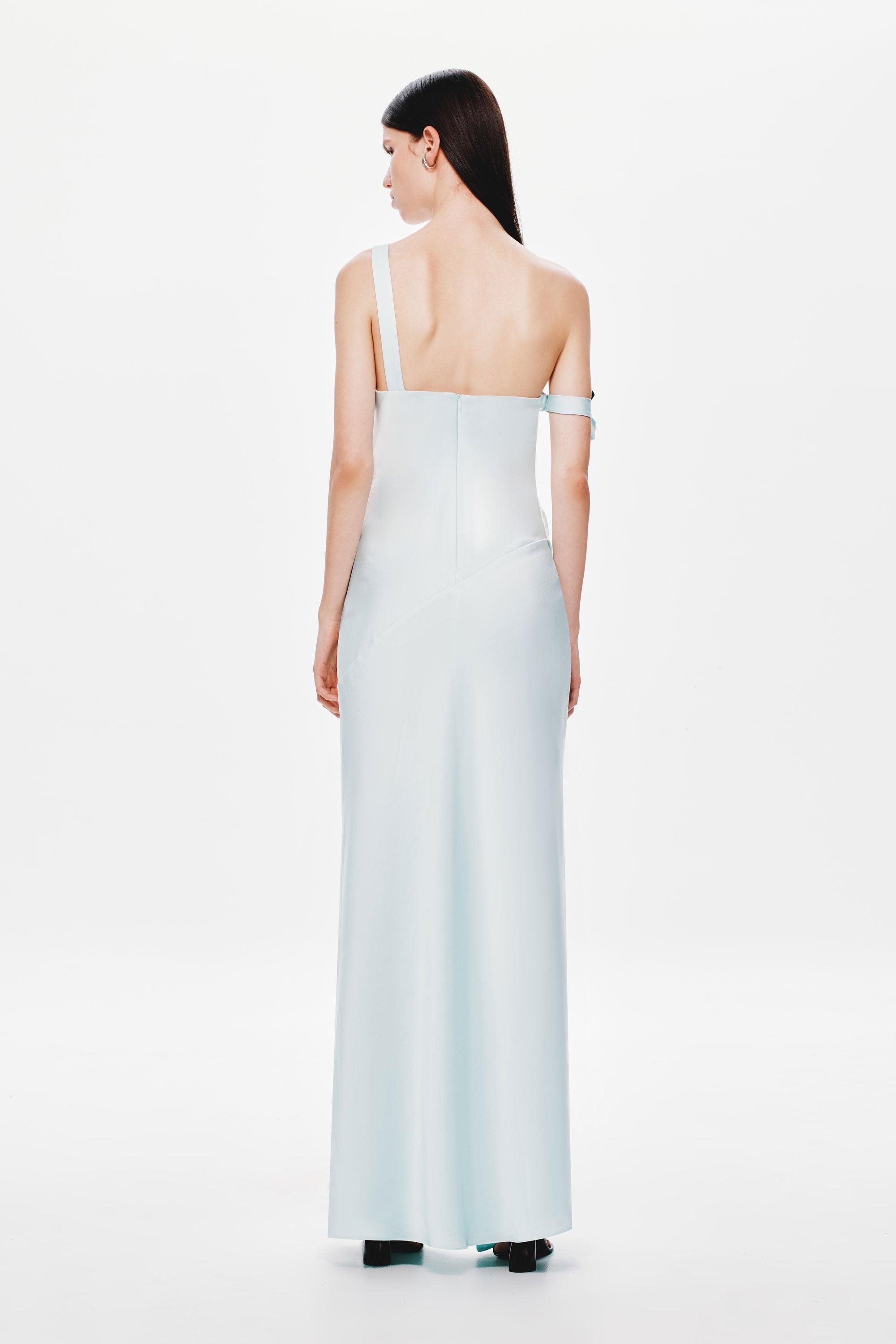 Ice blue satin one-shoulder maxi dress with open back and waist tie