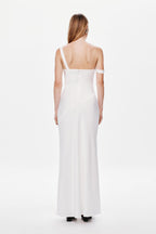 Ivory satin dress back view with thin shoulder straps and open upper back