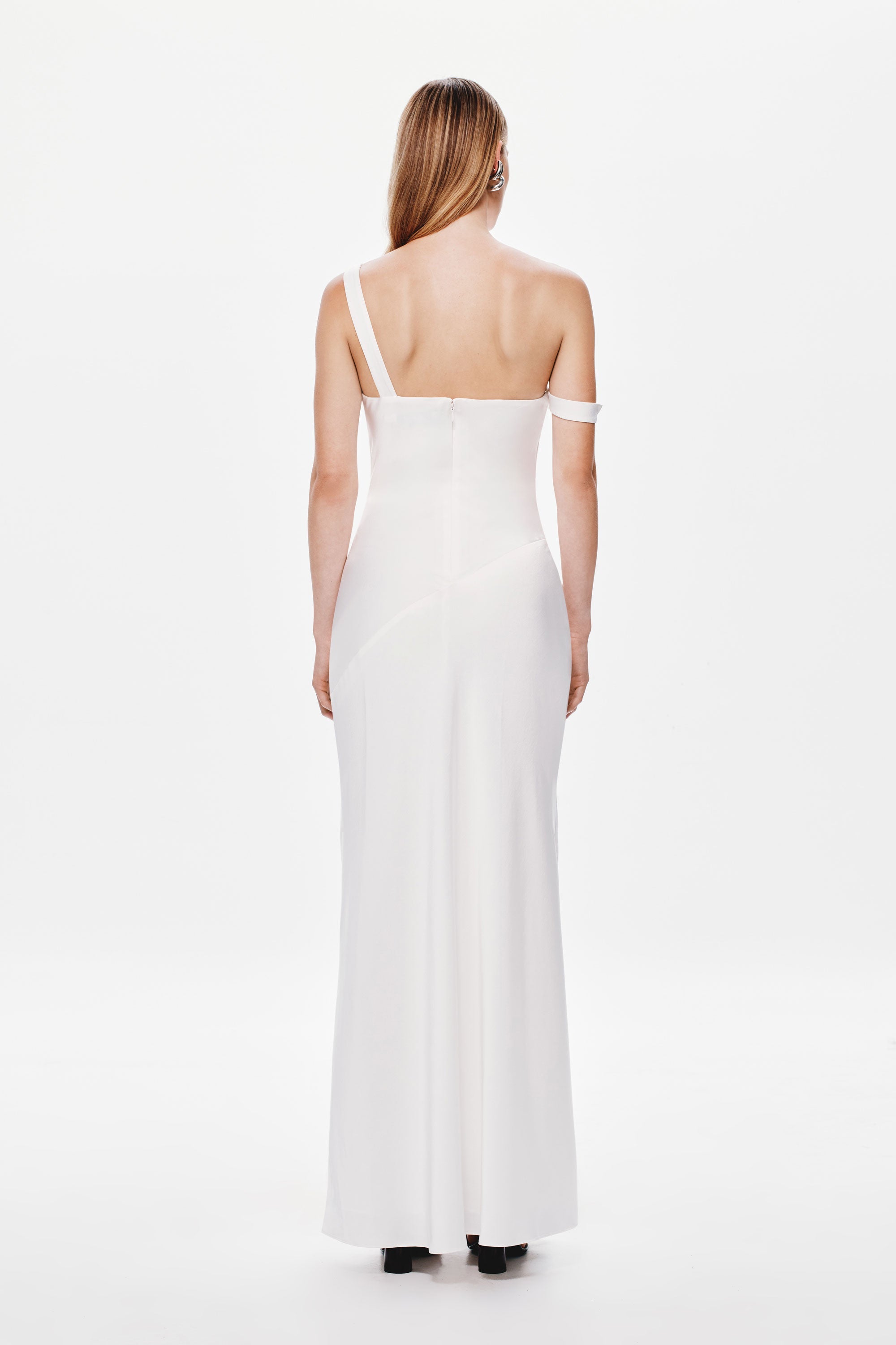 Ivory satin dress back view with thin shoulder straps and open upper back