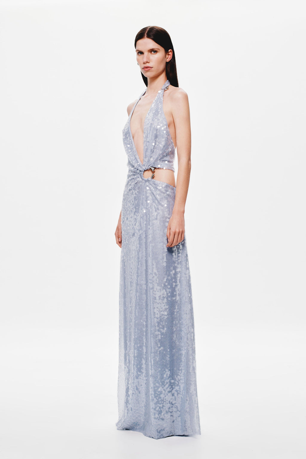 Cloud blue sequin halter maxi dress with waist cutout and flowing skirt