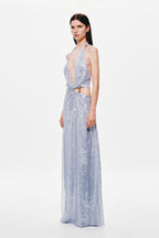 Cloud blue sequin halter maxi dress with waist cutout and flowing skirt