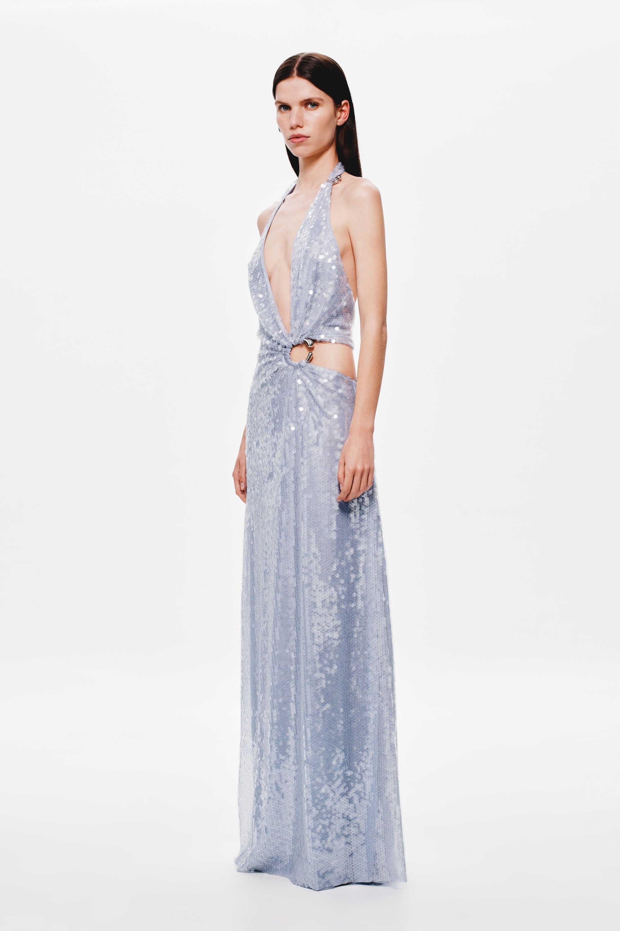 Cloud blue sequin halter maxi dress with waist cutout and flowing skirt