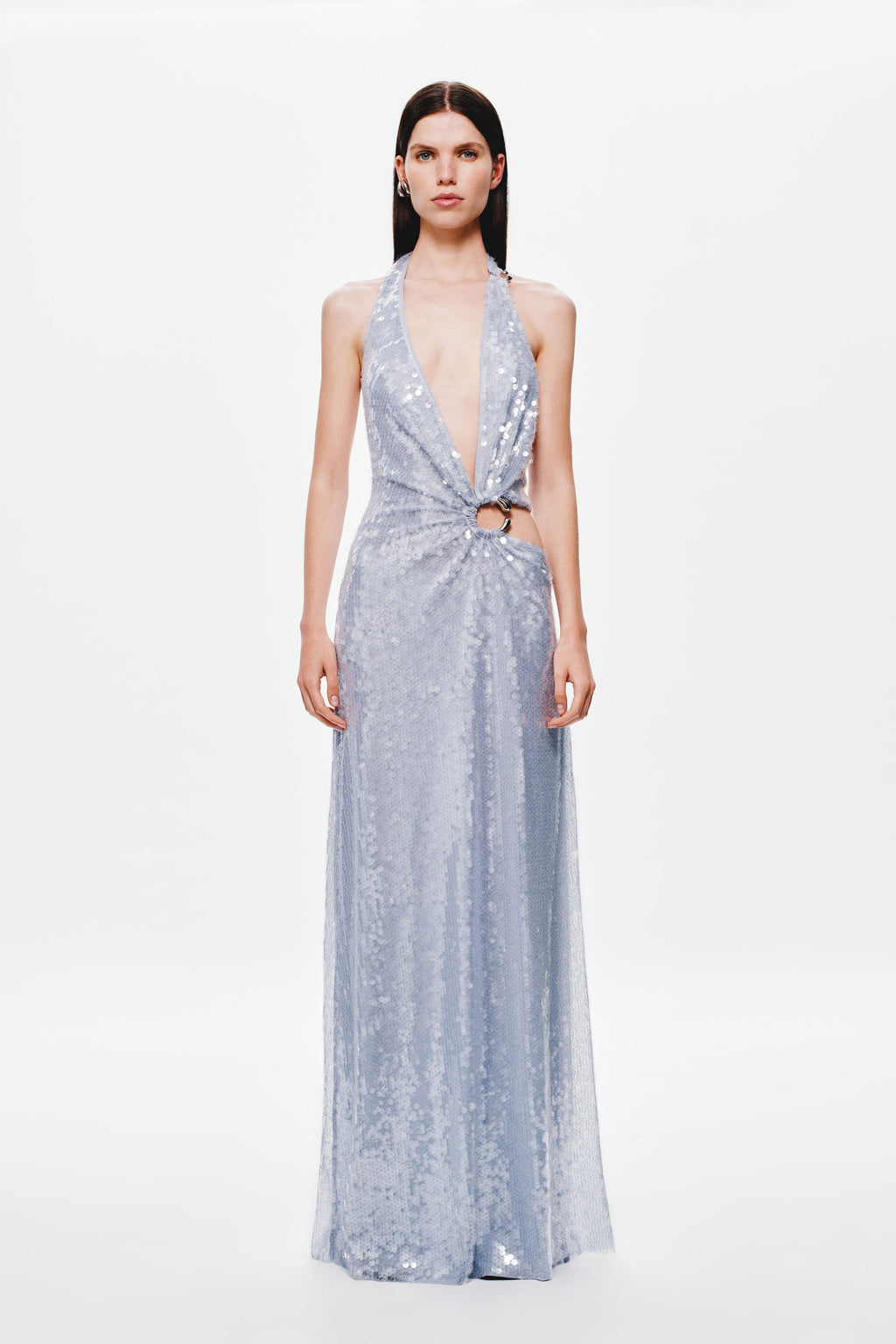 Cloud blue sequin halter maxi dress with waist cutout and V front