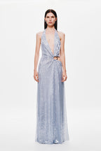 Cloud blue sequin halter maxi dress with waist cutout and V front