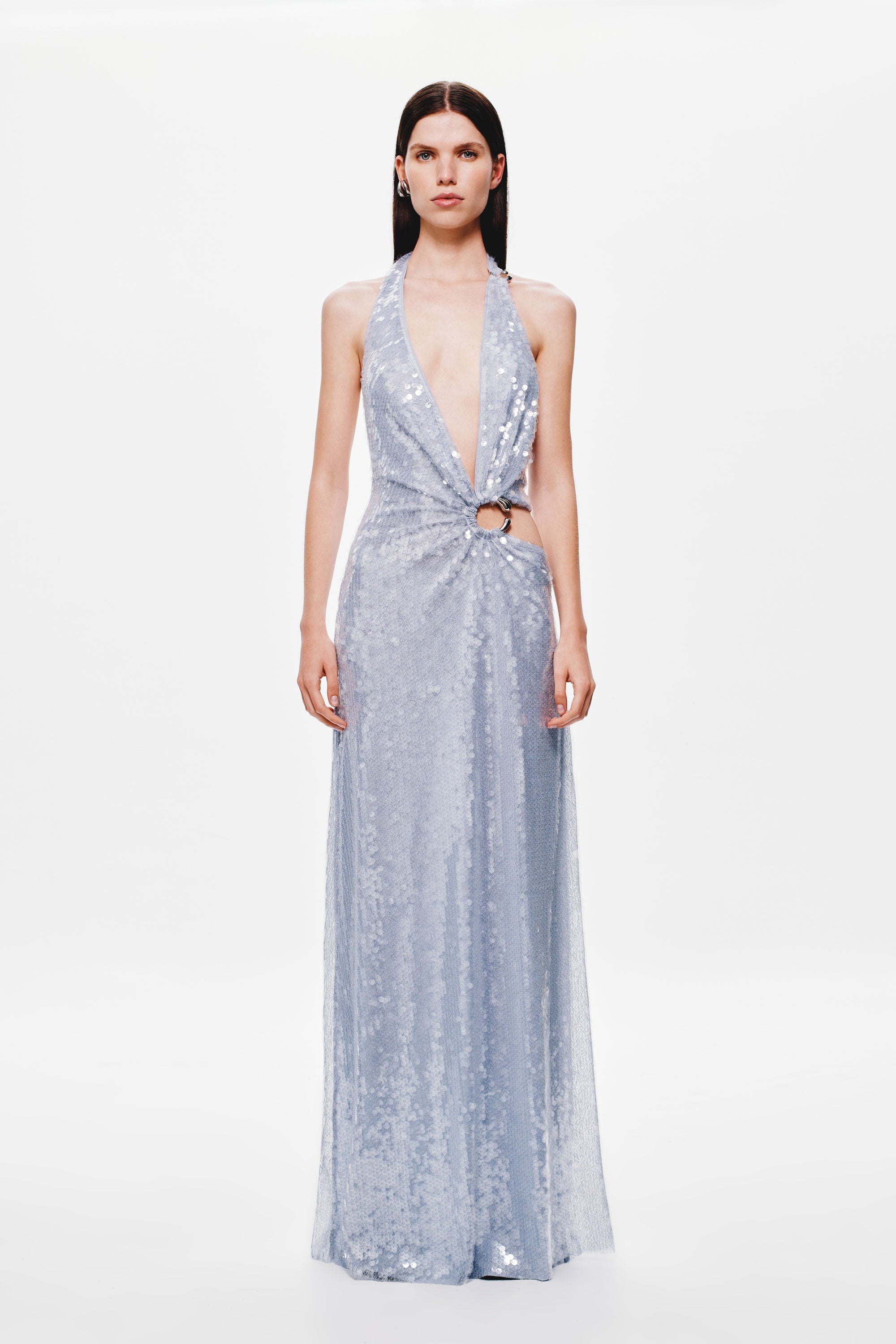 Cloud blue sequin halter maxi dress with waist cutout and V front