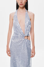 Cloud blue sequin halter dress with deep V front and center waist ring cutout
