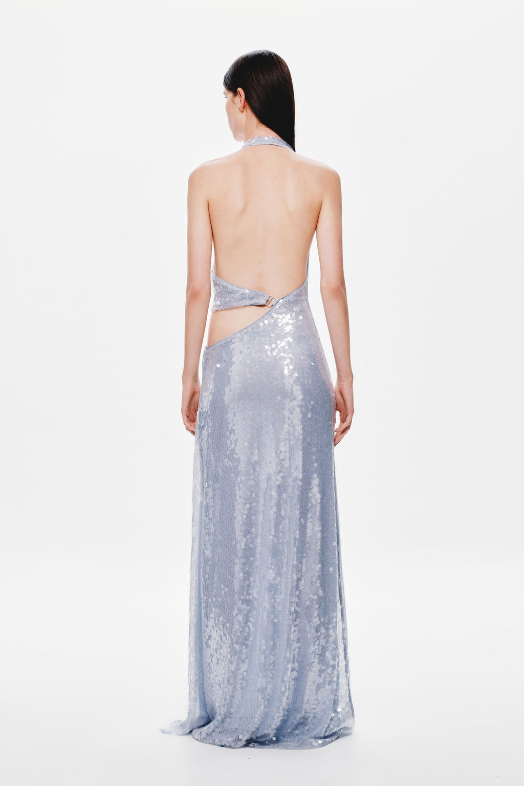 Cloud blue sequin halter maxi dress, open back with looped keyhole detail