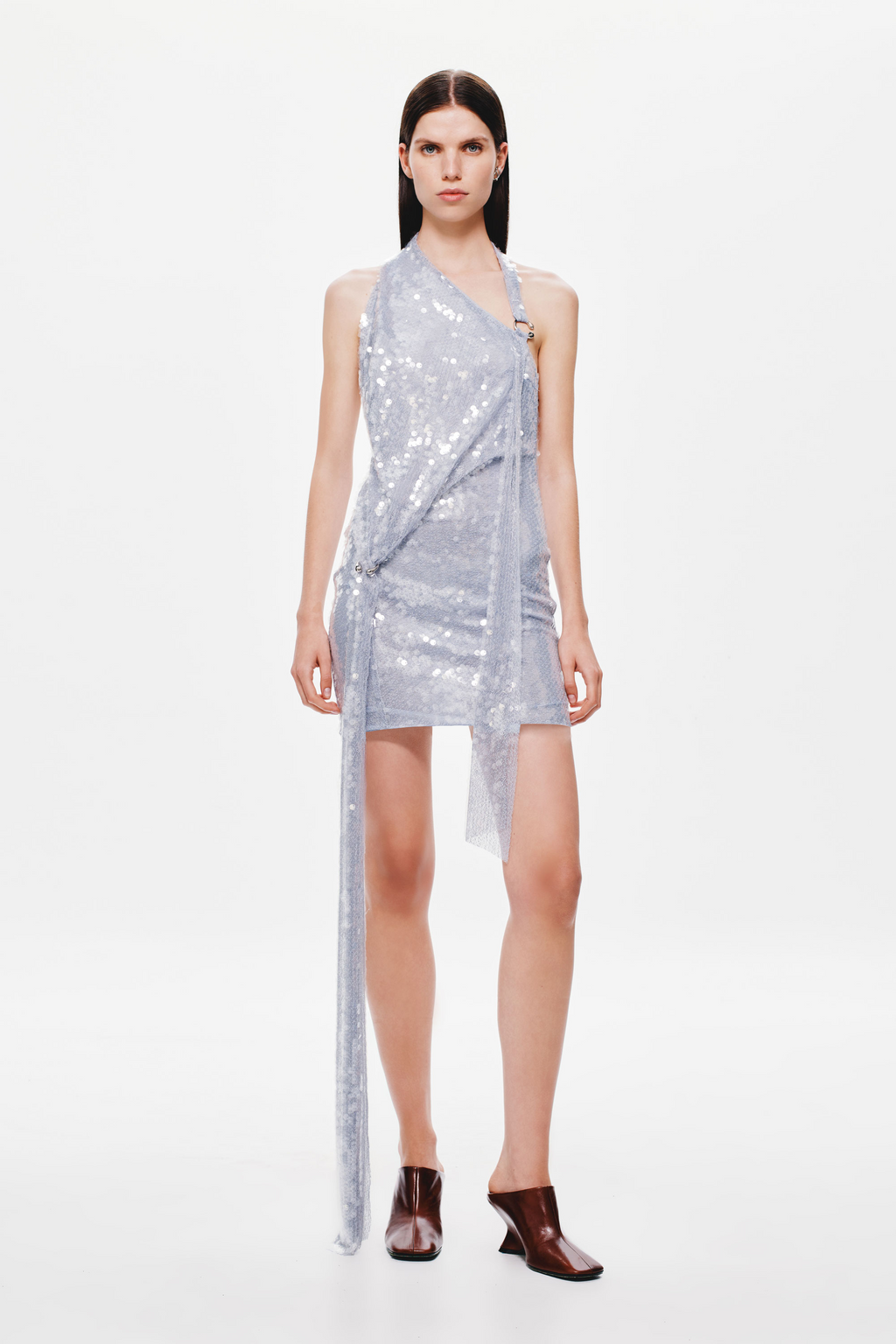 Cloud blue sequin mini dress, one-shoulder wrap with thin straps