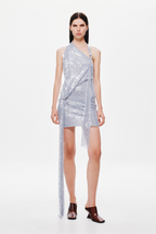 Cloud blue sequin mini dress, one-shoulder wrap with thin straps