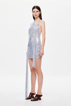 Cloud blue sequin mini dress with asymmetrical drape and cross-back straps