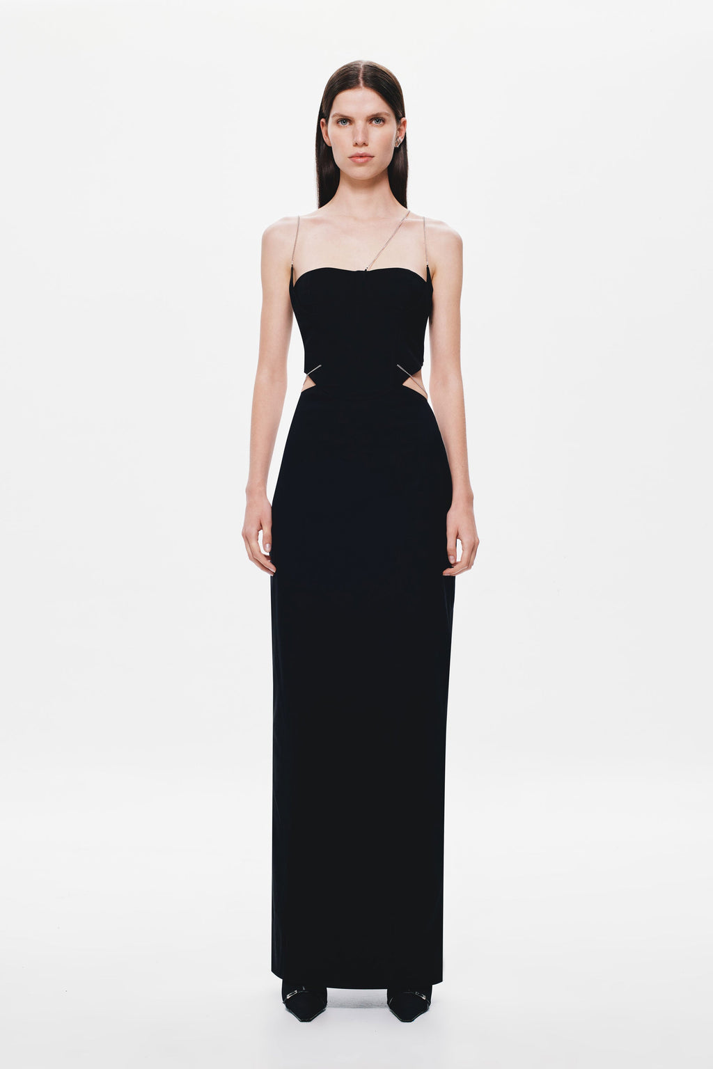 Black strapless midi dress with thin shoulder straps and fitted column skirt