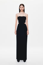 Black strapless midi dress with thin shoulder straps and fitted column skirt
