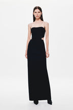 Black strapless midi dress with thin straps and smooth fitted shape