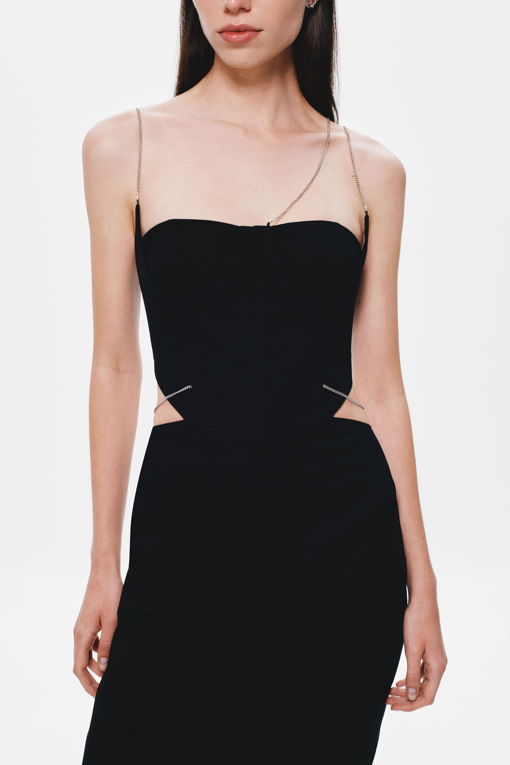 Black strapless bodice dress with thin spaghetti straps and curved neckline
