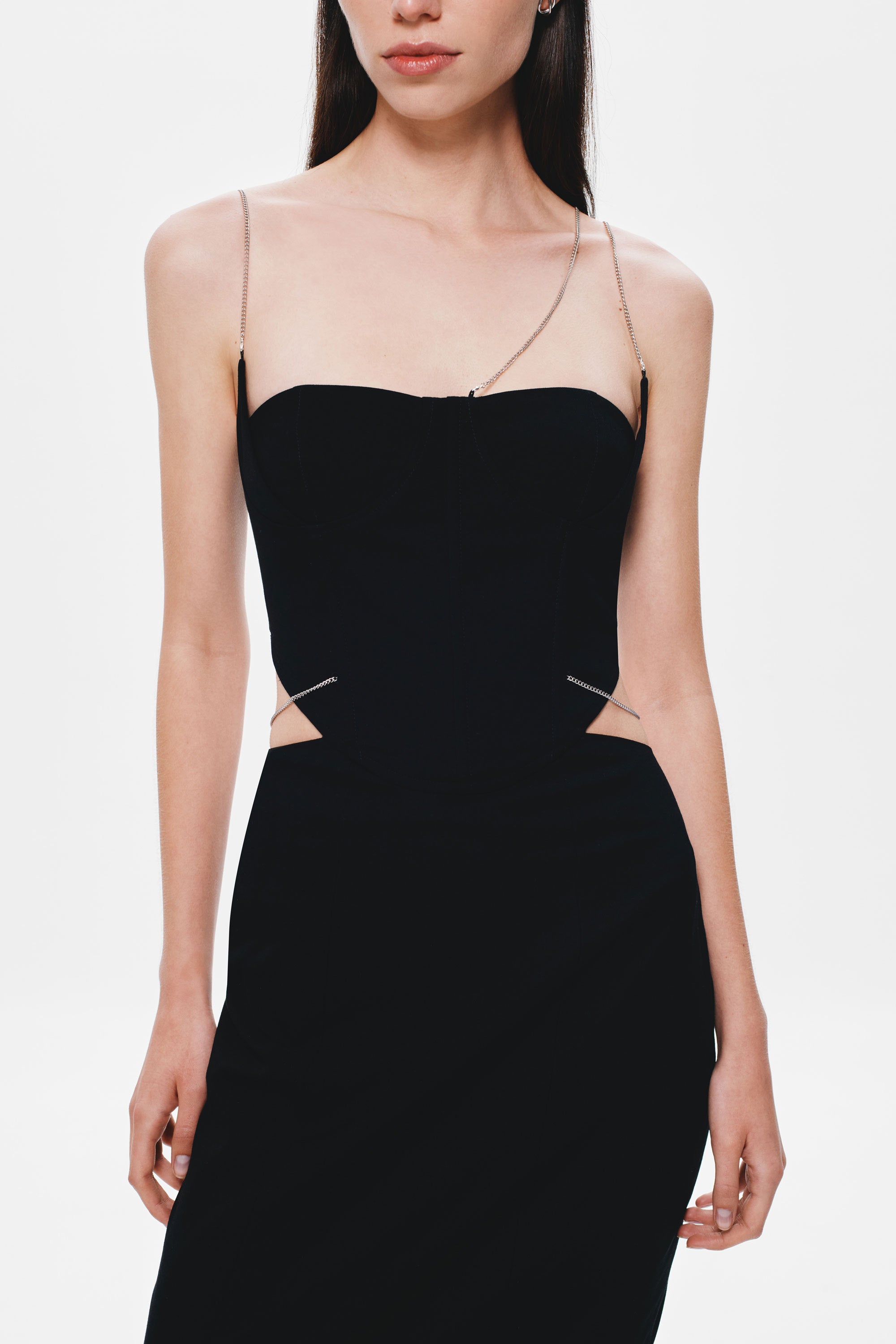 Black strapless bodice dress with thin spaghetti straps and curved neckline