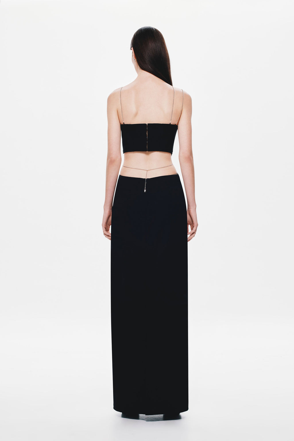 Black strapless maxi dress back with thin straps and corset-style panel
