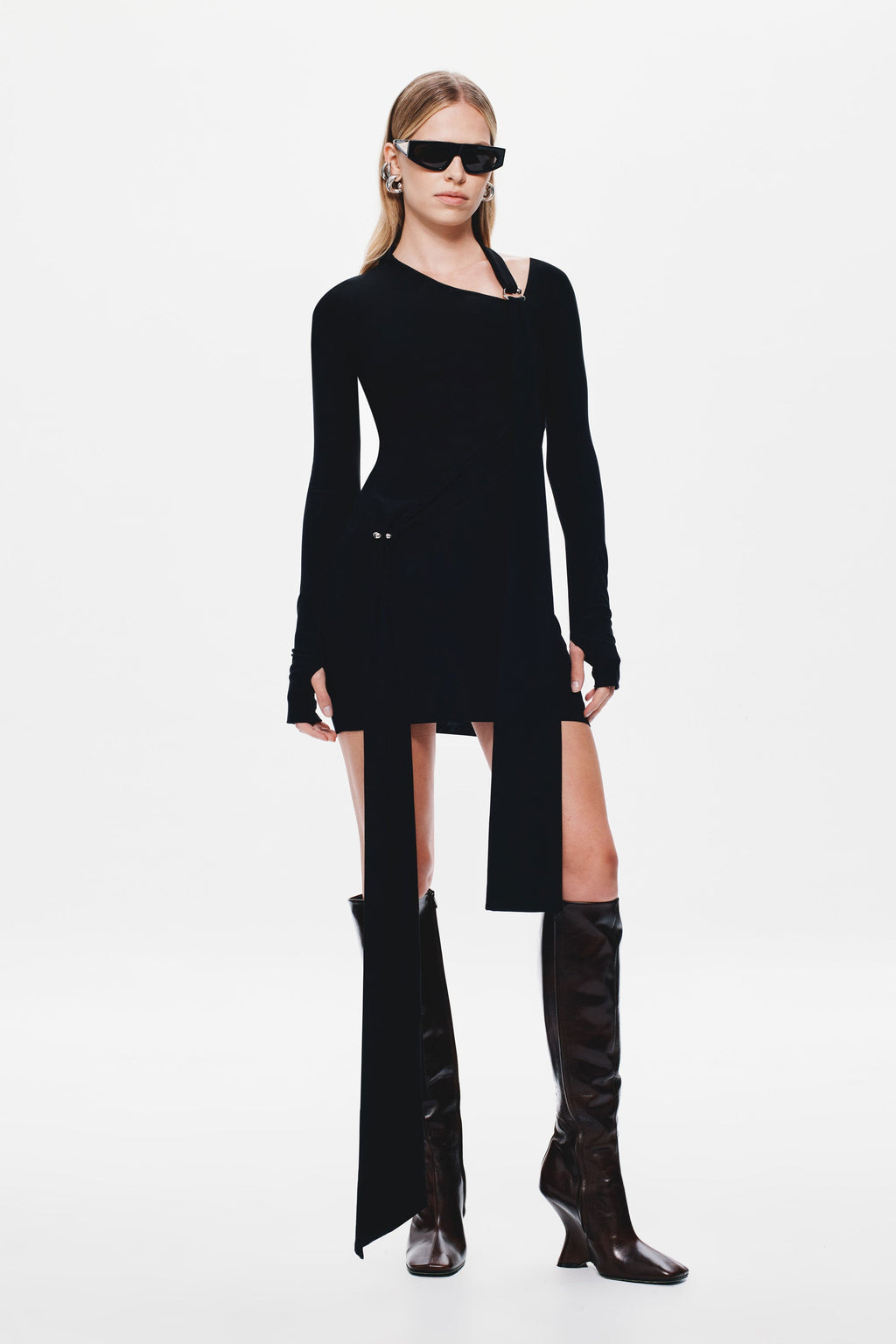 Black long-sleeve mini dress with asymmetrical hem and small front opening
