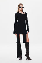 Black long-sleeve mini dress with asymmetrical hem and small front opening