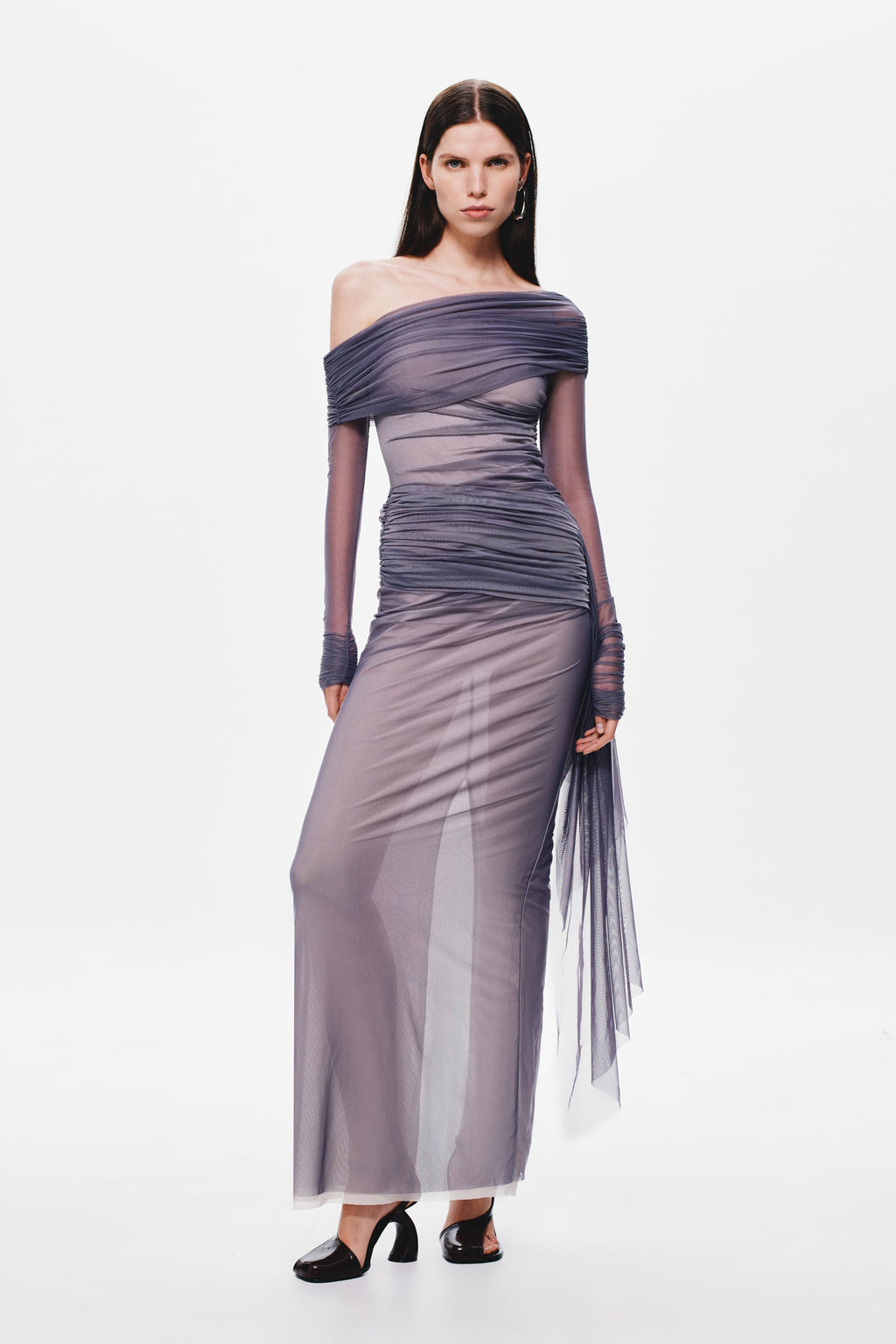 Off-shoulder mesh dress with draped ruched bodice, sheer sleeve, column skirt and tulle back.