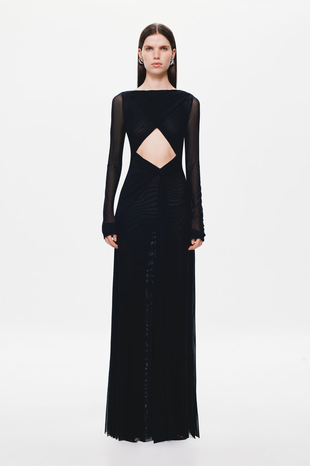 Black long-sleeve maxi dress with V neckline and diamond back cutout