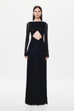 Black long-sleeve maxi dress with V neckline and diamond back cutout