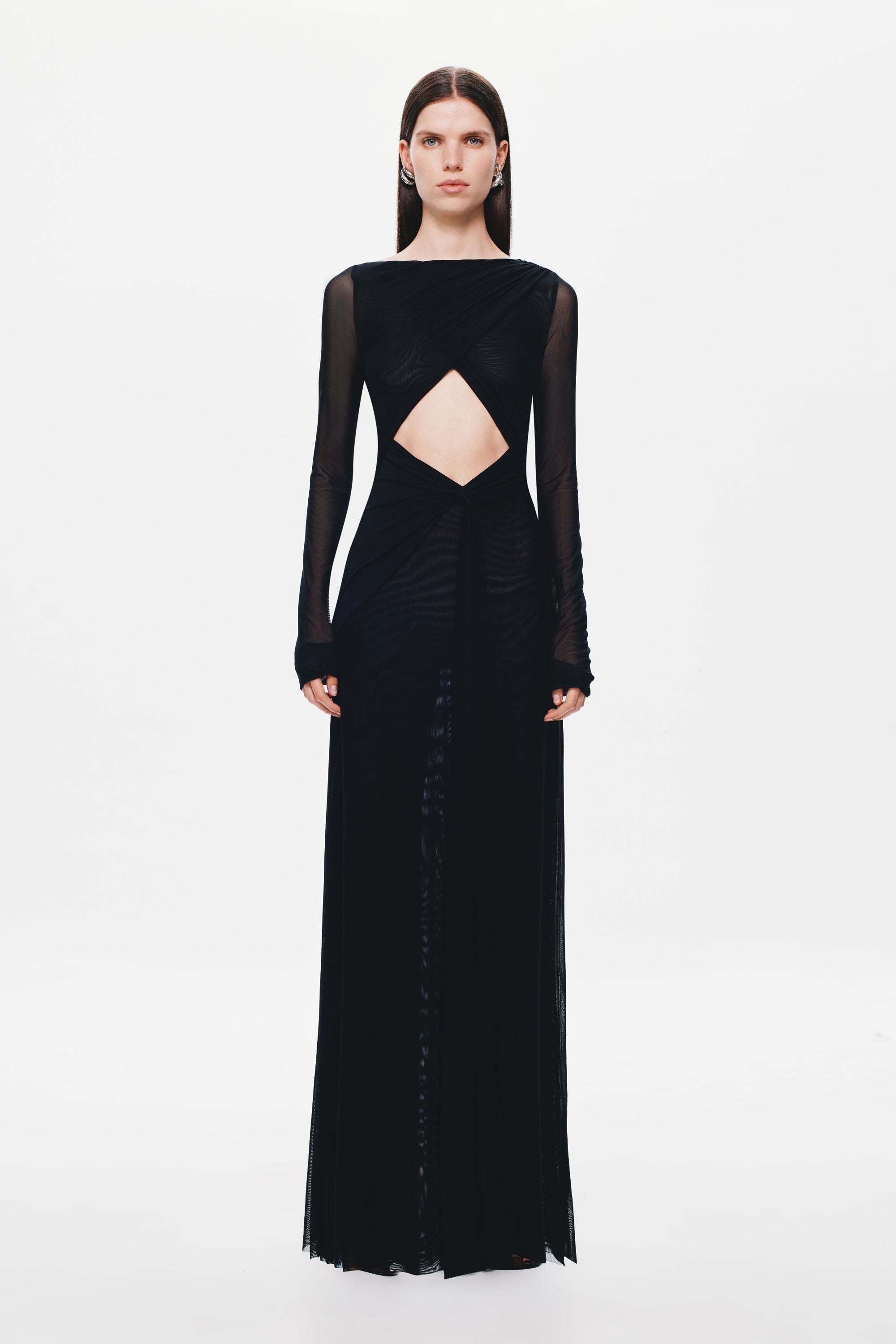 Black long-sleeve maxi dress with V neckline and diamond back cutout