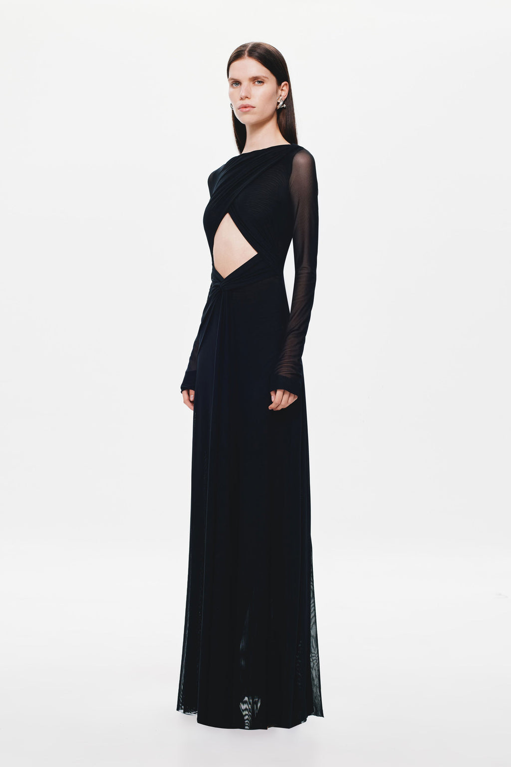Black long-sleeve maxi dress with sheer back sleeves and diamond cutout