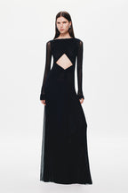 Black long-sleeve maxi dress with open-back diamond cutout panel