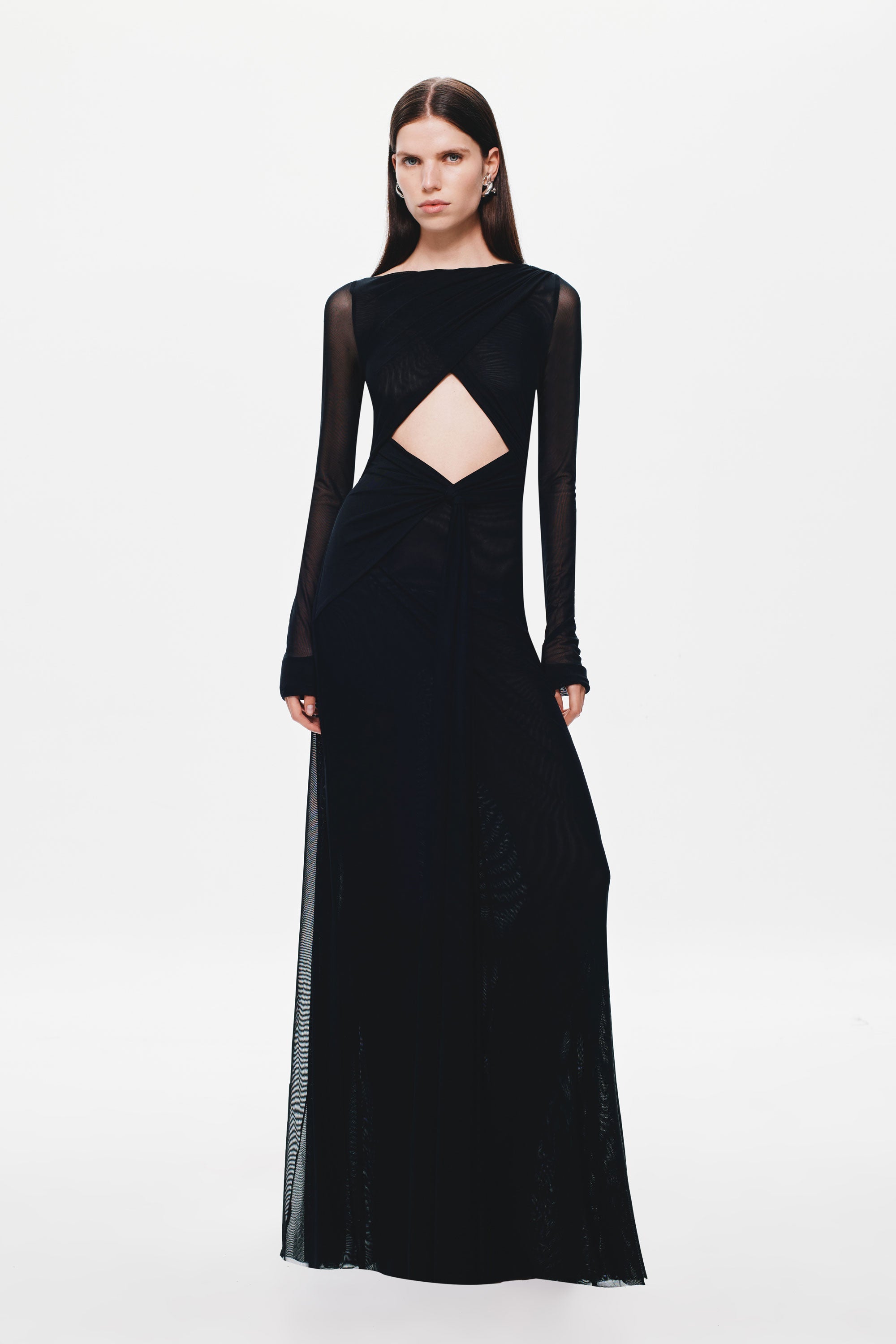 Black long-sleeve maxi dress with open-back diamond cutout panel