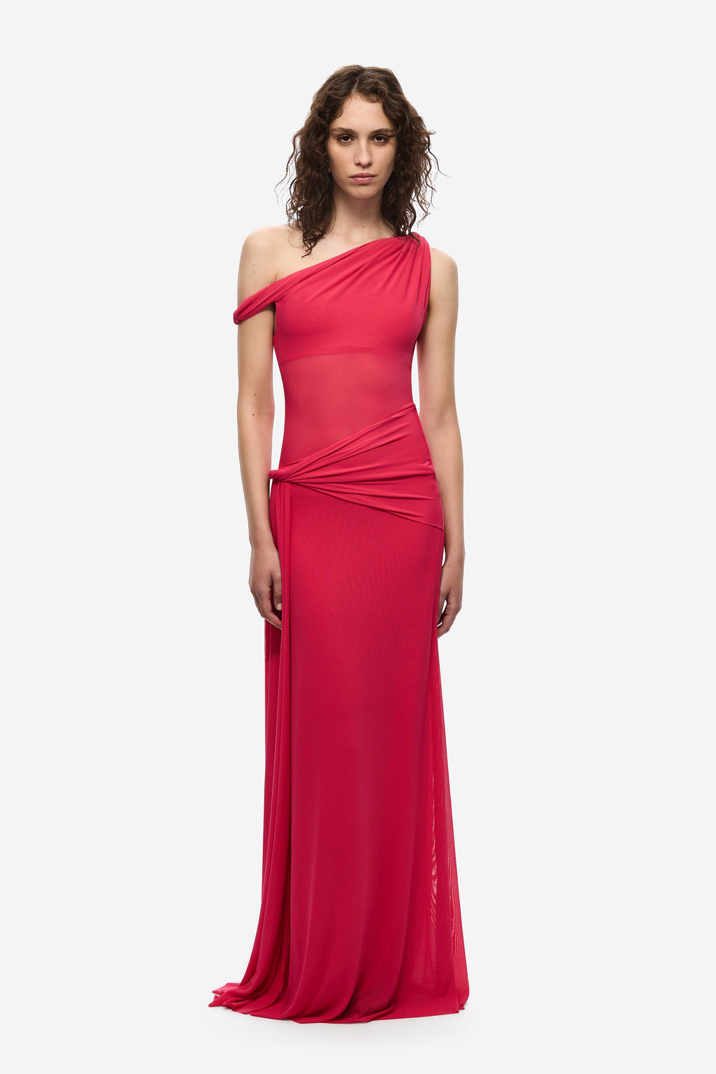 Bright rose draped one-shoulder maxi dress with twisted waist detail, fitted column